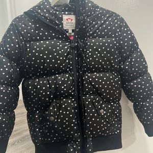Appaman girls size 10 puffer coat with hood- black with silver hearts